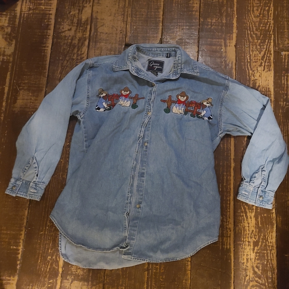 VTG Style Let's Quizz Again 100% Cotton Size M Meduim Jean Denim Button Down